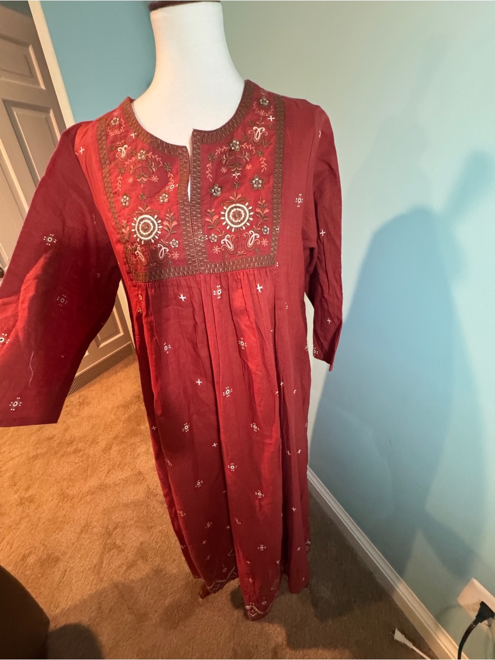 Embroidered Wine-Red Boho Midi Dress